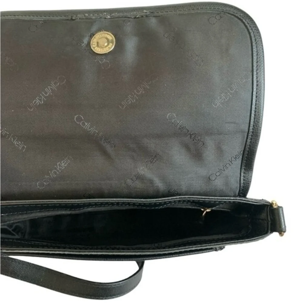 Calvin Klein Black PU Leather Crossbody Bag Gold Accents Good Plus Condition